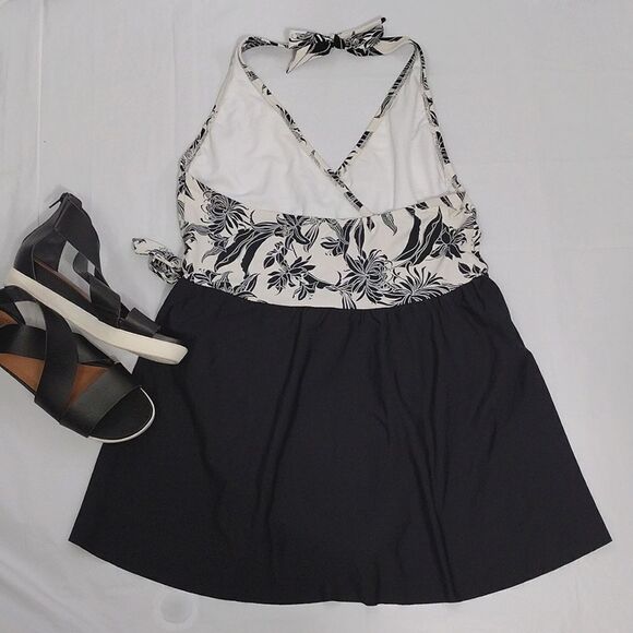 Apt 9 Black White Floral Halter Wrap Front One Piece Swimsuit Dress XL - Picture 10 of 15